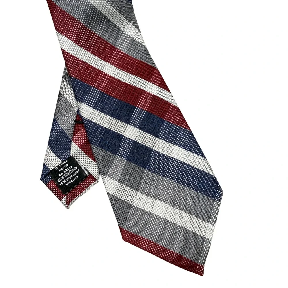 Ben Sherman Necktie Mens OS Red Blue White New Silk‎ Blend Plaid Slim Tie
